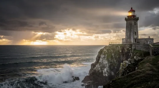 Un phare en pierre résistant face à un ciel orageux qui se dissipe, symbolisant une présence en ligne durable face aux changements d'algorithmes