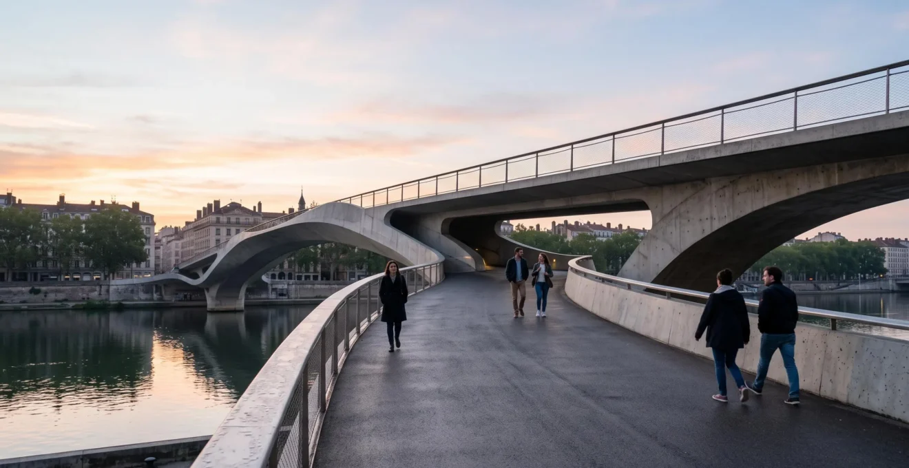 Passerelle piétonne à l'architecture audacieuse traversée facilement par des visiteurs, symbole de l'équilibre entre innovation visuelle et facilité d'usage