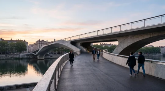 Passerelle piétonne à l'architecture audacieuse traversée facilement par des visiteurs, symbole de l'équilibre entre innovation visuelle et facilité d'usage