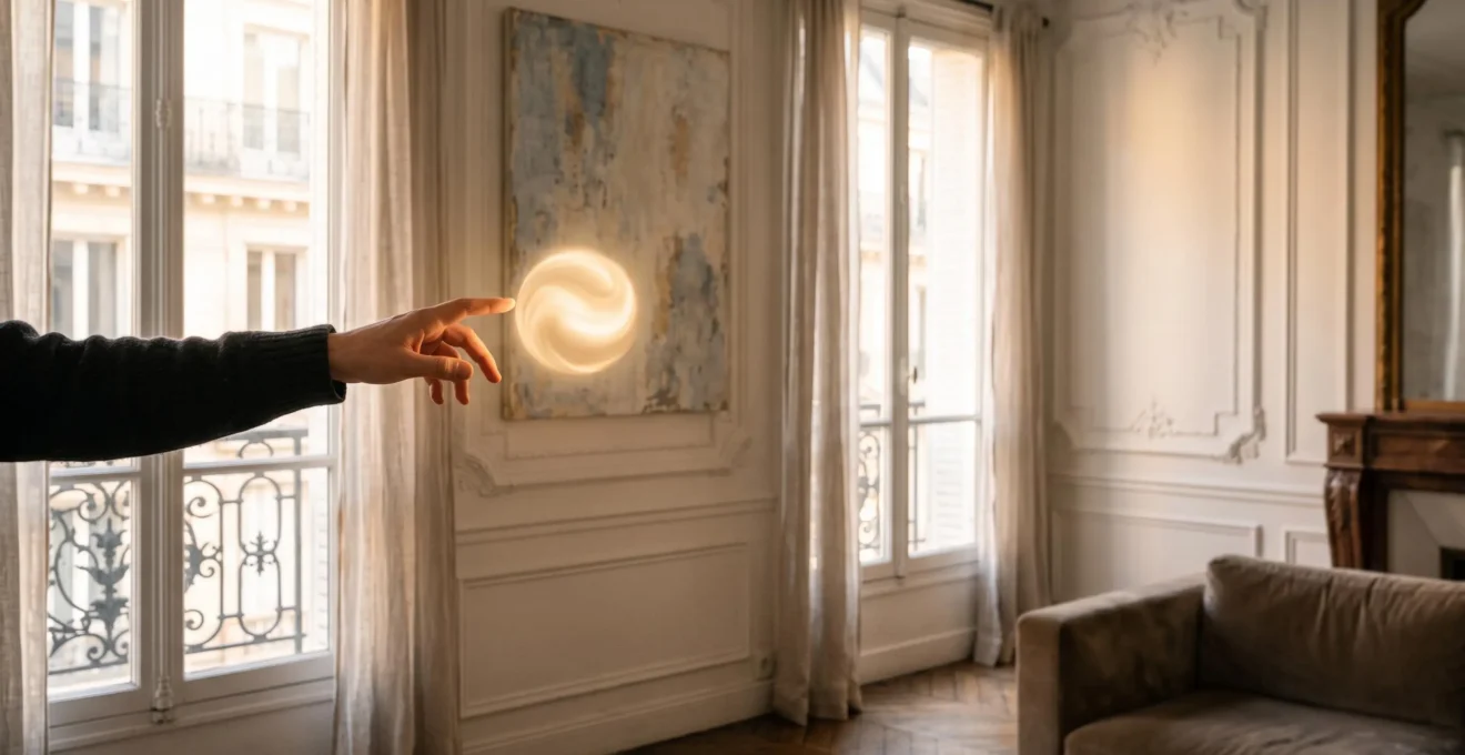 Silhouette d'une main effleurant un halo de lumière suspendu dans un interieur parisien haussmannien, symbolisant l'acces a une visite virtuelle sans casque