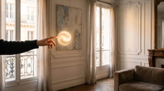 Silhouette d'une main effleurant un halo de lumière suspendu dans un interieur parisien haussmannien, symbolisant l'acces a une visite virtuelle sans casque