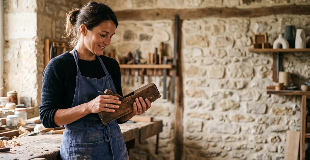 Un artisan examine un vieil outil de famille dans un atelier baigne de lumiere naturelle, symbole du recit d'une entreprise transmise de generation en generation