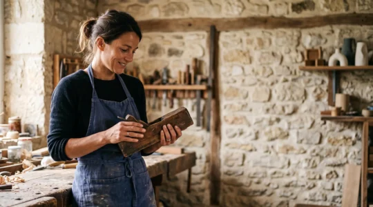 Un artisan examine un vieil outil de famille dans un atelier baigne de lumiere naturelle, symbole du recit d'une entreprise transmise de generation en generation