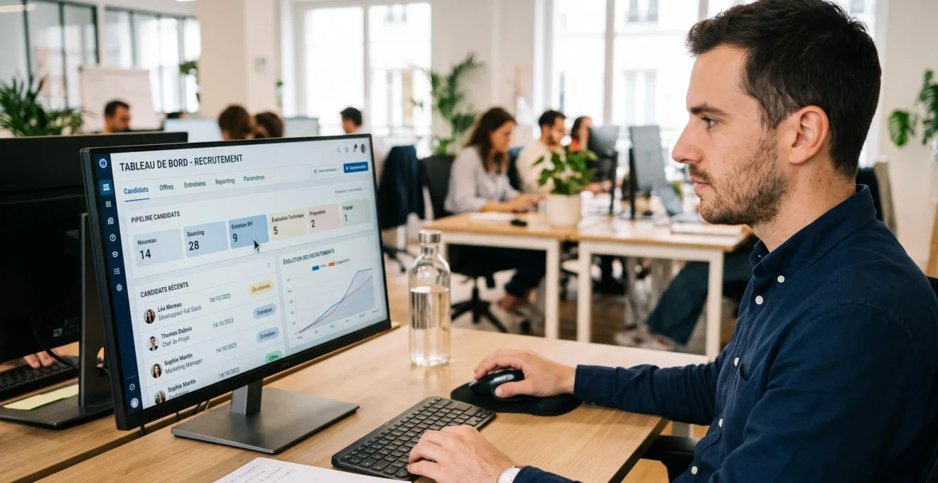 Recruteur utilisant un système de suivi des candidatures sur son ordinateur dans un bureau moderne
