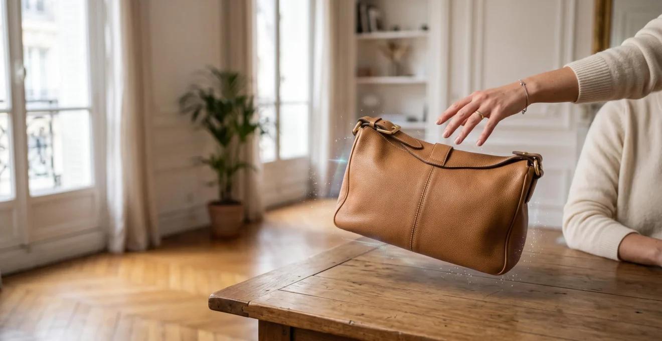 Main tenant un sac en cuir dont la texture ultra-realiste est visualisee en superposition digitale dans un interieur parisien lumineux