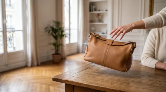 Main tenant un sac en cuir dont la texture ultra-realiste est visualisee en superposition digitale dans un interieur parisien lumineux