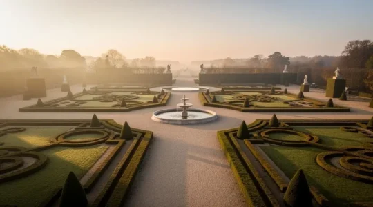 Allée symétrique d'un jardin à la française vue du dessus, symbolisant un réseau de liens internes qui irrigue chaque zone du site sans apport extérieur