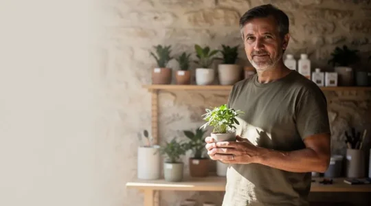 Dirigeant de petite entreprise française organisant sereinement sa stratégie marketing avec des ressources limitées mais bien priorisées