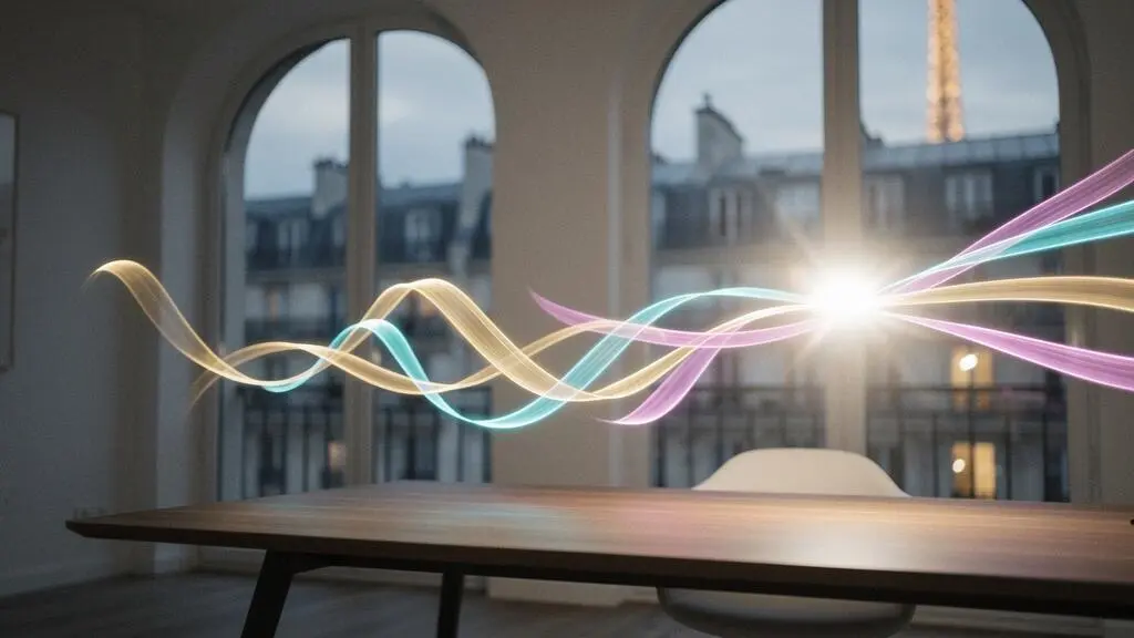 Trois flux lumineux distincts se rejoignant harmonieusement en un seul point lumineux, symbolisant la synchronisation du SEO, du social media et de l'emailing