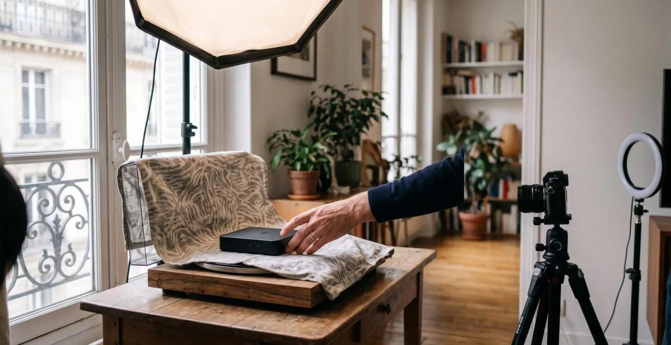 Mise en scene d'un mini tournage produit dans un appartement parisien lumineux, illustrant une strategie video e-commerce