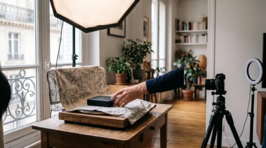Mise en scene d'un mini tournage produit dans un appartement parisien lumineux, illustrant une strategie video e-commerce