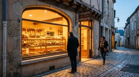 Devanture élégante d'une entreprise française illuminée le soir, symbolisant un site vitrine qui attire activement les prospects
